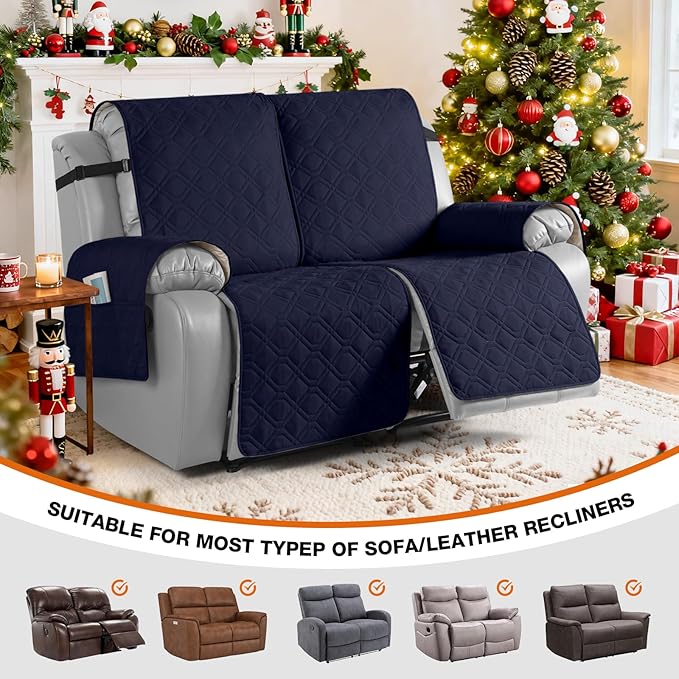 VANSOFY Waterproof Recliner Couch Covers, Sofa Covers 1-Piece Washable Reclining Sofa Cover Non-Slip Furniture Protector with Elastic Straps Pocket for Dogs, Pets(Dark Blue,2 Seater)