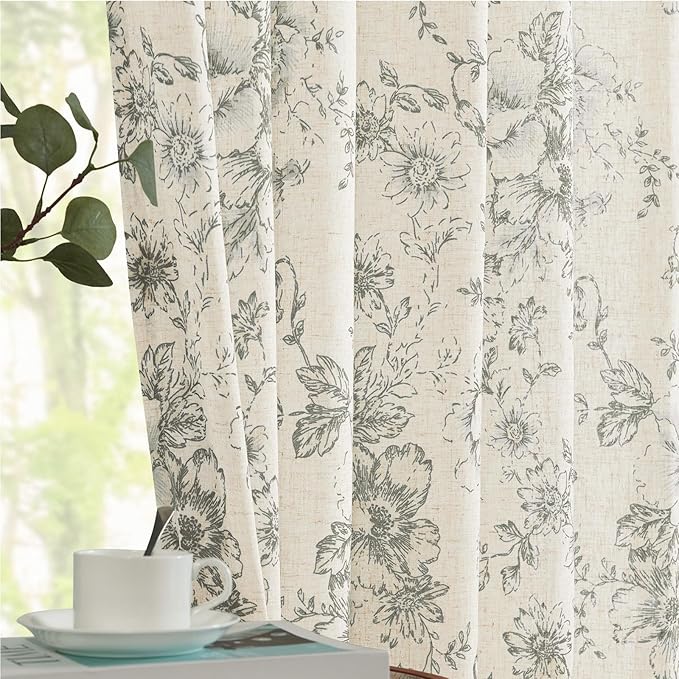 jinchan Lined Linen Blend Curtain Floral Curtains for Living Room 90 Inches Long Grey Peony Flower Printed Curtain Back Tab Farmhouse Patterned Drapes Bedroom Window Curtains Set 2 Panels