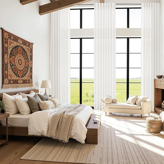 Extra Long Beige White Linen Curtains 132 Inch for Living Room 2 Panels Set Rod Pocket Back Tab Light Filtering Semi Sheer Curtain Privacy Floor to Ceiling High Ceiling Drapes for Farmhouse 52x132