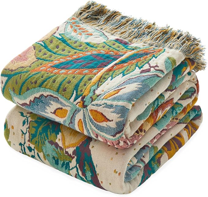 MSGKV Boho Throw Blanket for Bed Couch 100% Cotton Blanket 60"x80" Spring Breathable Farmhouse Lightweight Muslin Blankets Home Decor