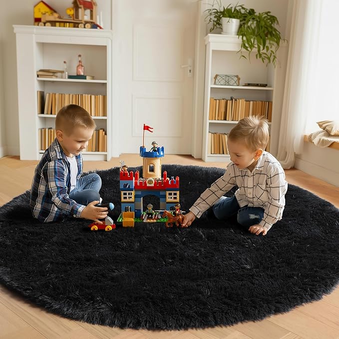 ONASAR Black Round Area Rugs 5ft, Soft Bedroom Circle Rug Floor Mats for Kids Girls Boys Teen Room, Fluffy Plush Shaggy Carpet for Baby Nursery Living Room Playroom Dorm Home Decor