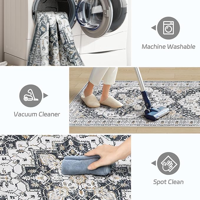 Madane Runner Rug 2'6''x8' Kitchen Runner, Hallway Runner Printed Vintage Washable Rugs Soft Non-Slip Low Pile Runners for Hallways Laundry Room Rug Distressed Rug, Black