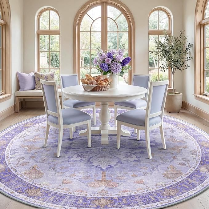 RELEANY Area Rugs 8ft Washable Non-Slip, Floral Vintage Distress Print Pattern Medallion Carpet for Living Room Bedroom Dining Room, Light Purple Brown