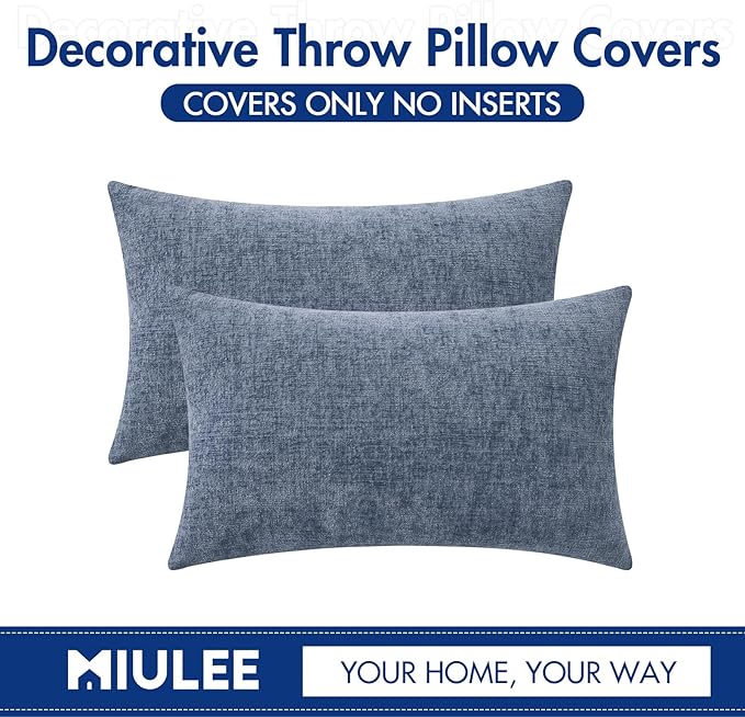 MIULEE Pack of 2 Couch Throw Pillow Covers 12x20 Inch Soft Dark Grey Blue Chenille Lumbar Pillow Covers for Sofa Living Room Solid Dyed Cases