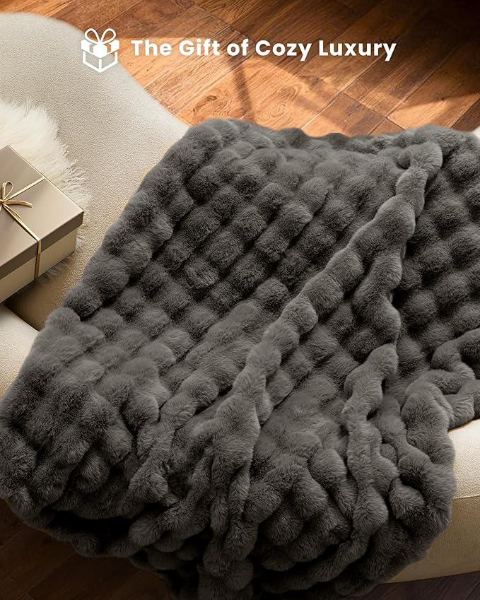 Ultra Soft Cozy Faux Fur Throw Blanket-Fuzzy Plush Thick Bubble Blanket, Fluffy Blanket for Couch, Sofa, Bedroom, and Living Room, 50x60 Inches, Dark Grey Taupe