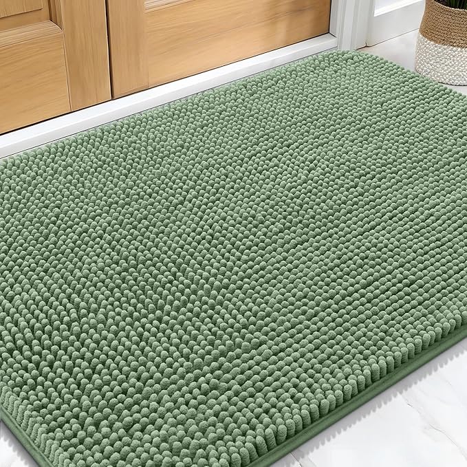 OLANLY Dog Door Mat for Muddy Paws 32x20, Absorbs Moisture and Dirt, Absorbent Non-Slip Washable Doormat, Quick Dry Chenille Mud Mat, Entry Indoor Entryway Carpet for Inside Floor, Olive Green