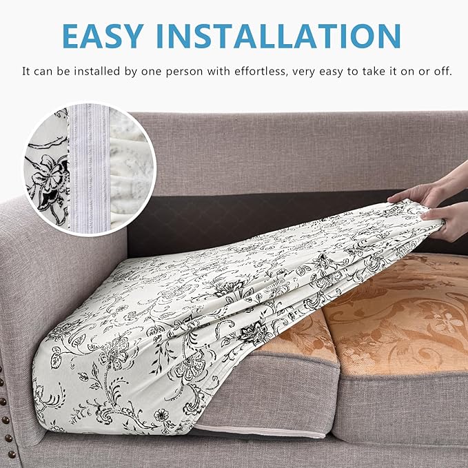 Leather Look Couch Cushion Covers Sofa Seat Slipcovers Sets Couches Furniture Protector for Sectional Armchair Loveseat Pets Kids Stretch Spandex Fabric (3 Cushion Sofa, Beige 02Flower)