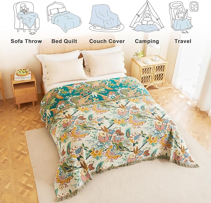 MSGKV Boho Throw Blanket for Bed Couch Twin Size Cotton Vine Blanket 60"x80" Couch Muslin Spring Breathable Lightweight Farmhouse Blankets for All Seasons Home Decor