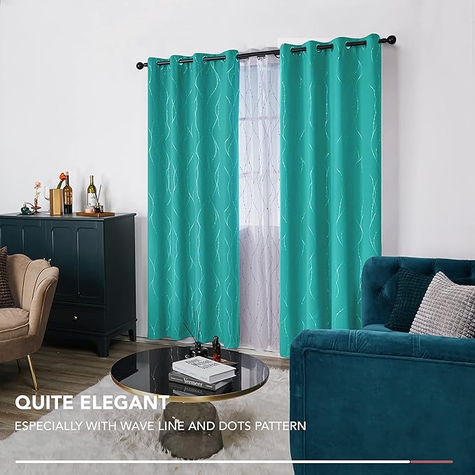 Deconovo Blackout Curtains for Living Room, Thermal Insulated Soundproof Drapes with Wave Dot Foil Print, 52 x 84 Inch, Set of 2, Machine Washable Window Curtain for Bedroom Nursery Kitchen, Turquoise