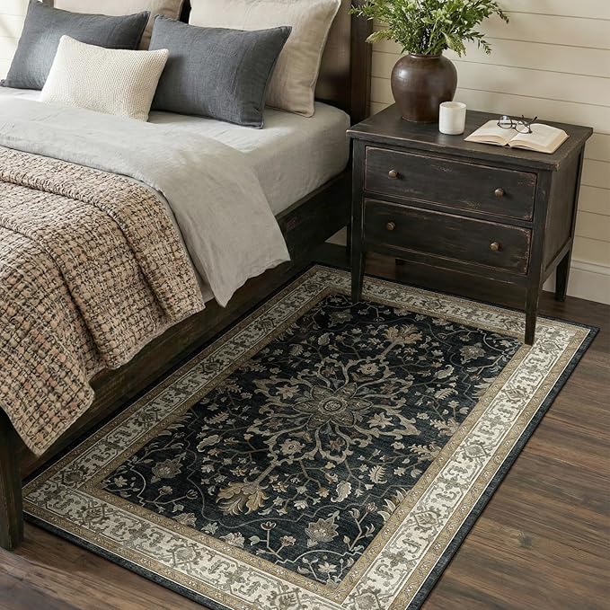 Area Rugs 3'x5' Washable Non-Slip, Floral Vintage Distress Print Pattern Medallion Carpet for Living Room Bedroom Dining Room, Vintage Black Brown Neutral