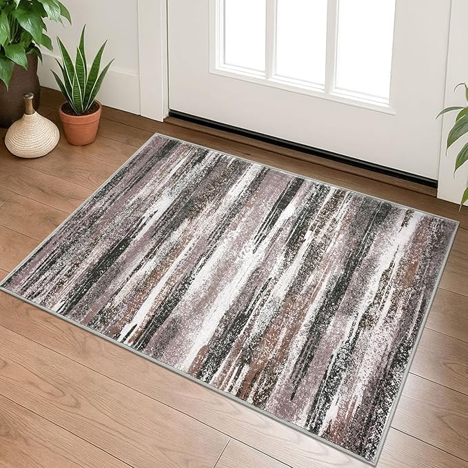 Lansny Modern Abstract Entryway Rug Indoor 2x3 Washable Rug Non-Slip Soft Small Area Rug Dark Light Brown White Kitchen Mats Thin Print Faux Wool Floor Carpet Throw Rugs Backdoor Mat for Entry