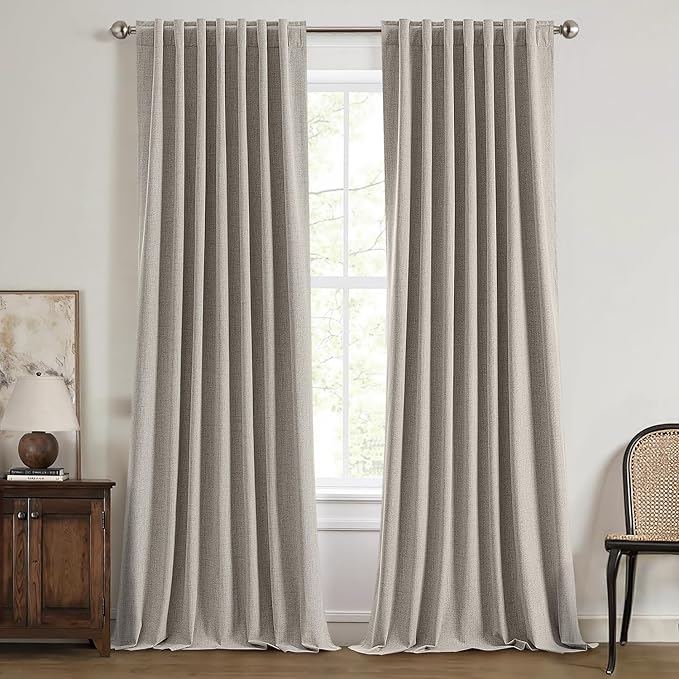MIULEE 100% Blackout Linen Curtains for Bedroom,Greige Solid Luxury Decor Thermal Insulation Room Darkening Drapes for Living Room Nursery Back Tab Rod Pocket 42 x 96 Inches, 2 Panels