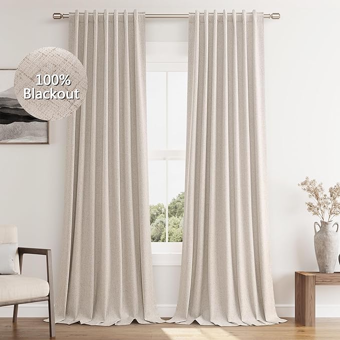 Guken Oatmeal 100% Blackout Curtains 108 Inch Length 2 Panels Set for Living Room Bedroom Back Tab Thermal Insulated Black Out Linen Drapes Room Darkening Window Curtains 108 Inches Long