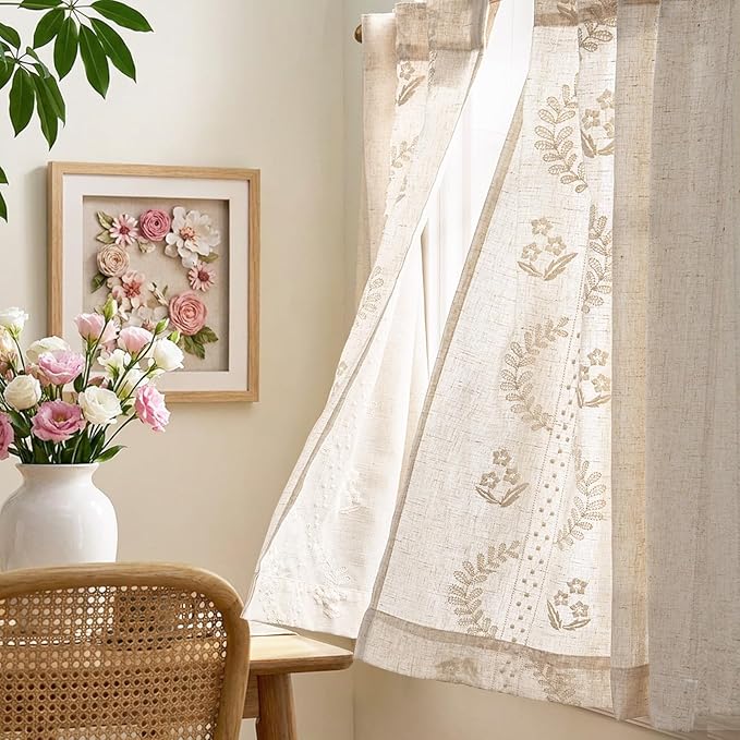 jinchan Belrose Linen Floral Kitchen Curtains 36 inch Length Embroidered Farmhouse Cafe Curtains for Living Room Bathroom Small Windows Curtain Set Sheer Light Filtering 2 Panels Ivory