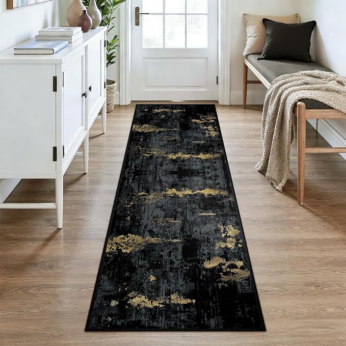 Washable Area Rugs 2'6''x8 Non-Slip Modern Abstract Soft for Living Room Entryway Bedroom Nursery, Print Pattern, Dark Black Gold