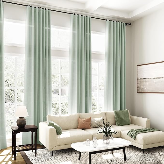 Nanspring Aqua Green Linen Curtains 102 Inches Long Rod Pocket Back Tab Drapes 2 Panels Set for Living Room Bedroom Light Filtering Semi Sheer Aqua Green Curtain 102 Length for Patio Door 52x102