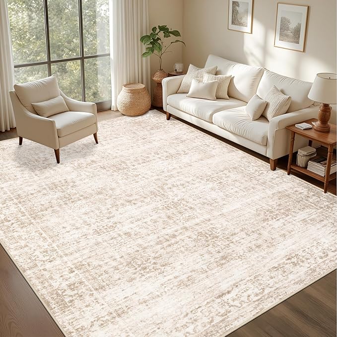Area Rugs 10x14 Living Room Rug: Washable Rug Soft Vintage Boho Carpet Indoor Floor Non-Slip Stain Resistant Large Carpets for Bedroom Dining Room Farmhouse Nursery Home Office Beige