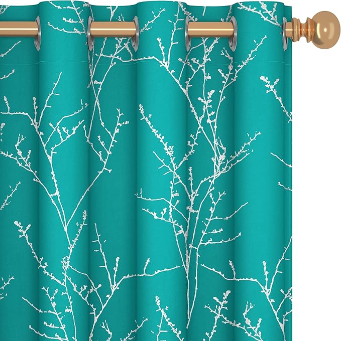 Deconovo Blackout Curtains, Thermal Insulated Soundproof Drapes with Tree Foil Print, 52 x 84 Inch, Set of 2, Machine Washable Window Curtain for Bedroom Living Room Nursery Kitchen Office, Turquoise