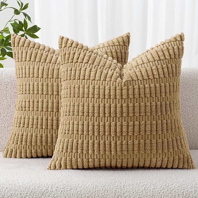 MIULEE Pack of 2 Corduroy Decorative Throw Pillow Covers 24x24 Inch Soft Boho Striped Pillow Covers Modern Farmhouse Home Decor for Sofa Living Room Couch Bed Khaki