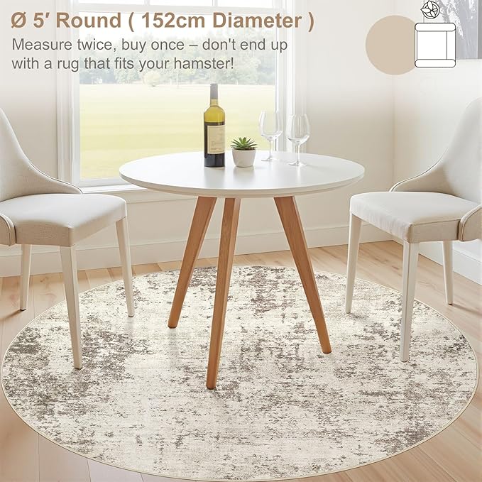 UERMEI 5ft Round Area Rug Living Room Rugs - 5x5 Washable Neutral Modern Abstract Soft Thin Rug Indoor Floor No Slip Rug Carpet for Bedroom Under Dining Table Home Office Decor - Golden Grey