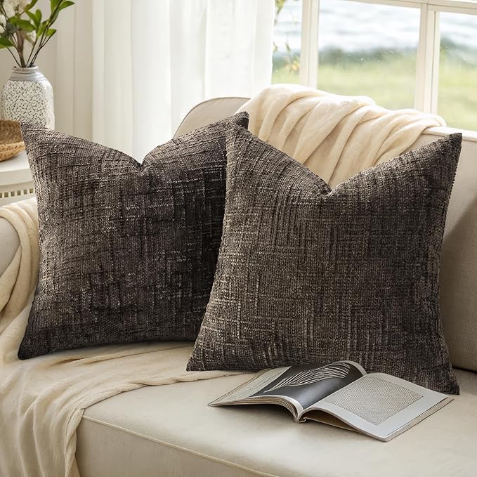 decorUhome Dark Brown Chenille Euro Sham Throw Pillow Covers 26x26 Set of 2 Textured Soft Cozy Slubby Couch Pillow Covers Modern Farmhouse Boho Decorative Pillow Cases for Bed Sofa Living Room
