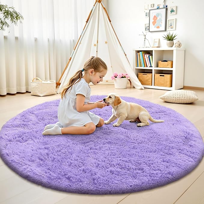 OLANLY Light Purple Round Rugs for Bedroom - Machine Washable, 9 ft Circle Area Rugs for Living Room, Soft and Fluffy Shaggy Carpet for Teen Girls and Boys, Nursery Rooms, Dorms, Home Decor Aesthetic