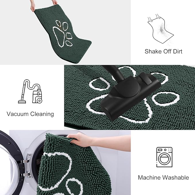 Smiry Dog Door Mat for Muddy Paws, Absorbent Dirt Trapper Non Slip Quick Dry Washable Chenille Mat for Mud Dogs, Entry Rug for Indoor and Outdoor (47x24 Inches, Green and White)