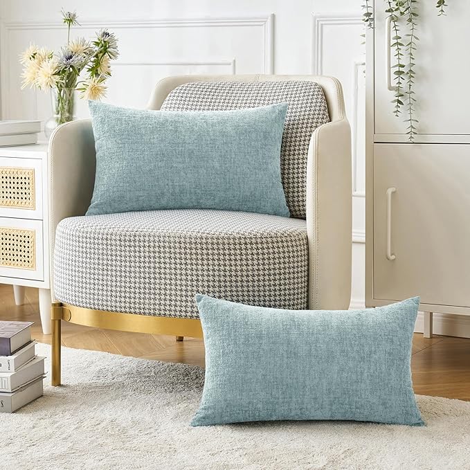 MIULEE Pack of 2 Light Blue Throw Pillow Covers 12x20 Inch Soft Chenille Lumbar Pillow Covers for Sofa Living Room Spring Home Decor Couch Solid Dyed Cases