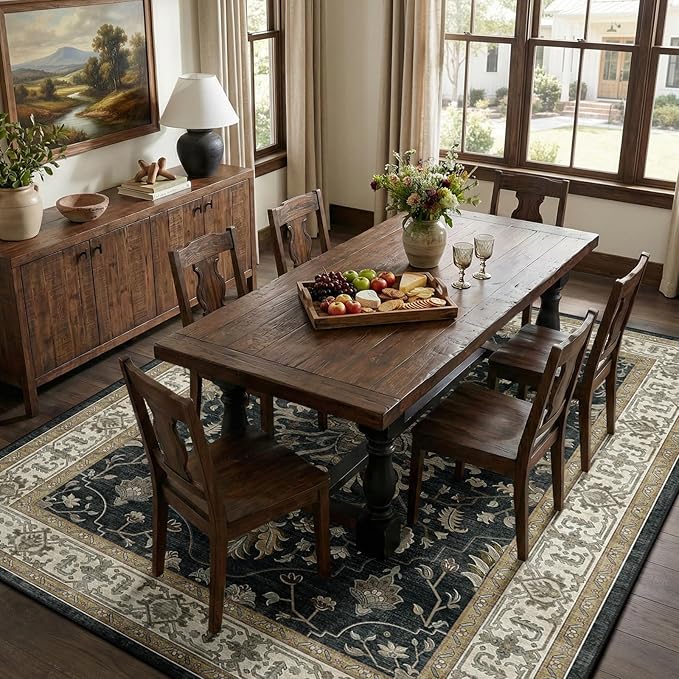 Area Rugs 8'x10' Washable Non-Slip, Floral Vintage Distress Print Pattern Medallion Carpet for Living Room Bedroom Dining Room, Vintage Black Brown Neutral