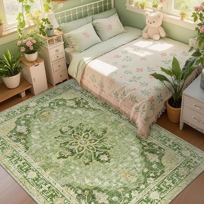 RELEANY Area Rugs 9'x12' Washable Non-Slip, Floral Vintage Distress Print Pattern Medallion Carpet for Living Room Bedroom Dining Room, Sage Green Yellow