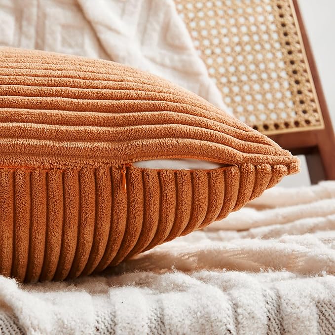 Fancy Homi 2 Packs Burnt Orange Lumbar Decorative Throw Pillow Covers 16x28 Inch for Living Room Couch Bed Sofa, Farmhouse Boho Home Decor, Soft Striped Corduroy Rectangle Accent Cushion Case 40x70 cm