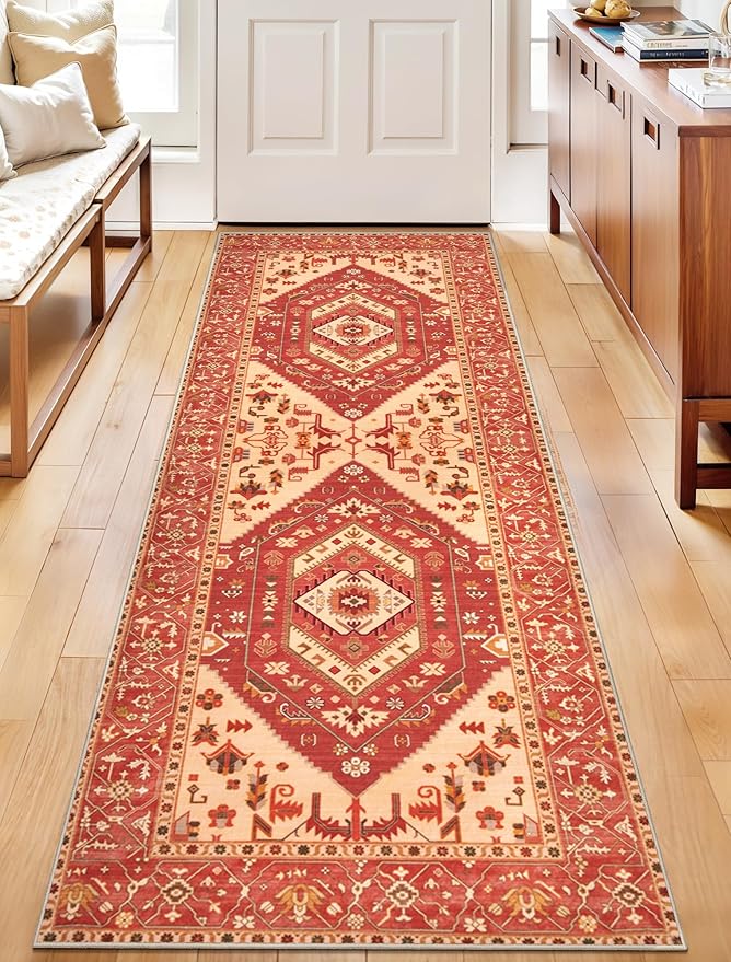 SERISSA Boho Washable Runner Rug, 2x6 Rug Runner Non-Slip Vintage Red Hallway Kitchen Runner Rug Ultra Soft Print Distressed Floor Carpet Runner for Bedroom Bathroom Laundry Living Room