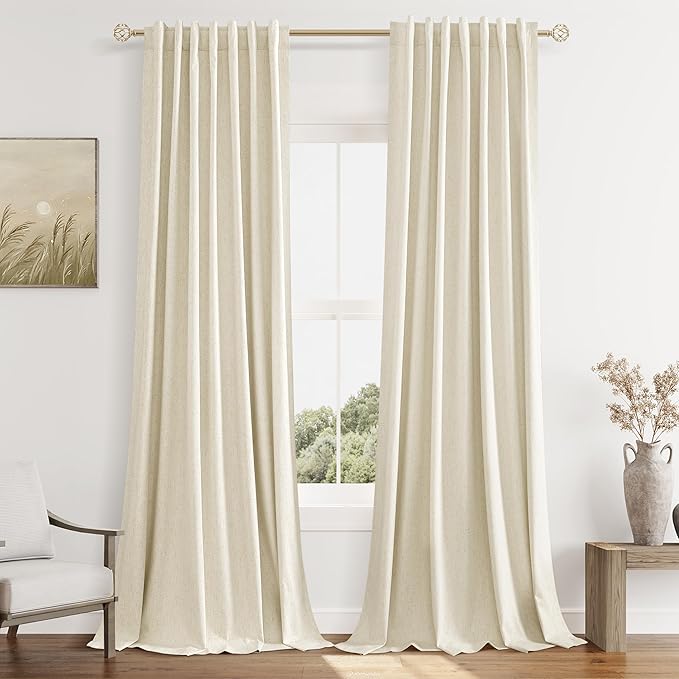 Guken 100% Blackout Curtains 96 Inch Length 2 Panels Set for Living Room Bedroom Back Tab Thermal Insulated Black Out Linen Drapes Room Darkening Window Curtains 96 Inches Long,Warm Beige