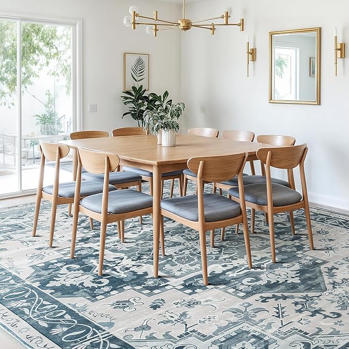 Rugflix 6x9 Area Rug for Living Room, Machine Washable Area Rugs with Non-Slip Backing, Large Soft Boho Vintage Rug for Bedroom, Dining Room, Low Pile Carpet, Kids Pet Friendly, Blue