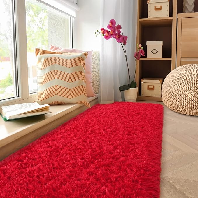 Amearea Shag Fluffy Runner Rug for Bedroom Girls Living Room, 2x6 Feet Extra Soft and Fuzzy Shaggy Rugs, Non Slip, Indoor Floor Long Carpet Mat for Boys Nursery Home Decor, Red