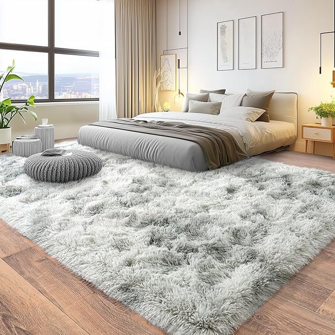 Pionblank 8x10 Rug for Living Room, Fuzzy Plush Large Area Rug, Fluffy Modern Shag Non Slip Soft Furry Carpet for Bedroom Kids Room Nursery Teens Dorm Home Decor, Tie Dye Grey