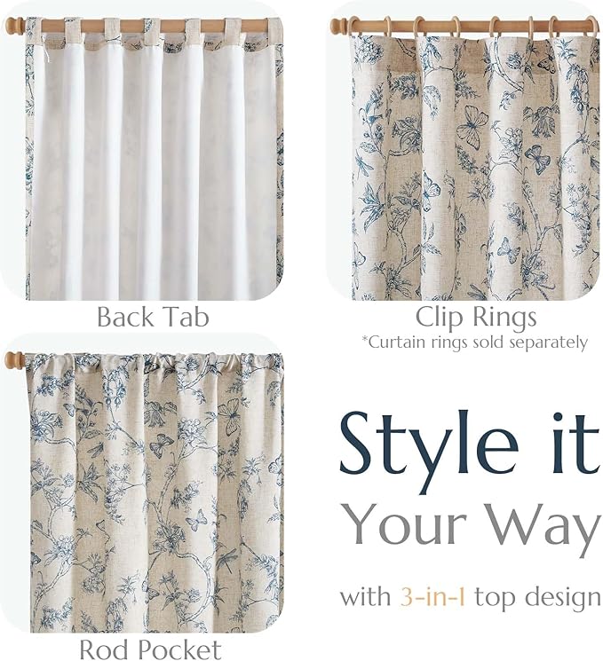 jinchan Floral Curtains Lined Linen Blend Curtain for Living Room 96 Inch Length Blue Flower Patterned Curtain French Country Farmhouse Curtains Drapes Back Tab Rod Pocket 2 Panels