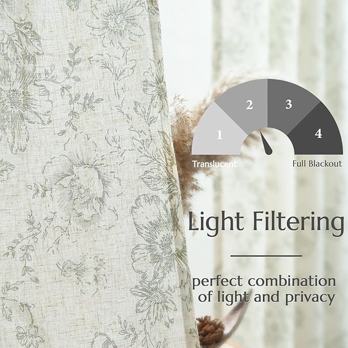jinchan Linen Floral Curtains 96 Inch Length for Living Room Bedroom Light Filtering Farmhouse Peony Flower Drapes Rustic Window Curtain Set Rod Pocket Back Tab 2 Panels Green