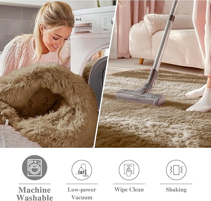 OLANLY Taupe Round Rugs for Bedroom - Machine Washable, 9 ft Circle Area Rugs for Living Room, Soft and Fluffy Shaggy Carpet for Teen Girl and Boys, Nursery Rooms, Dorms, Home Decor Aesthetic