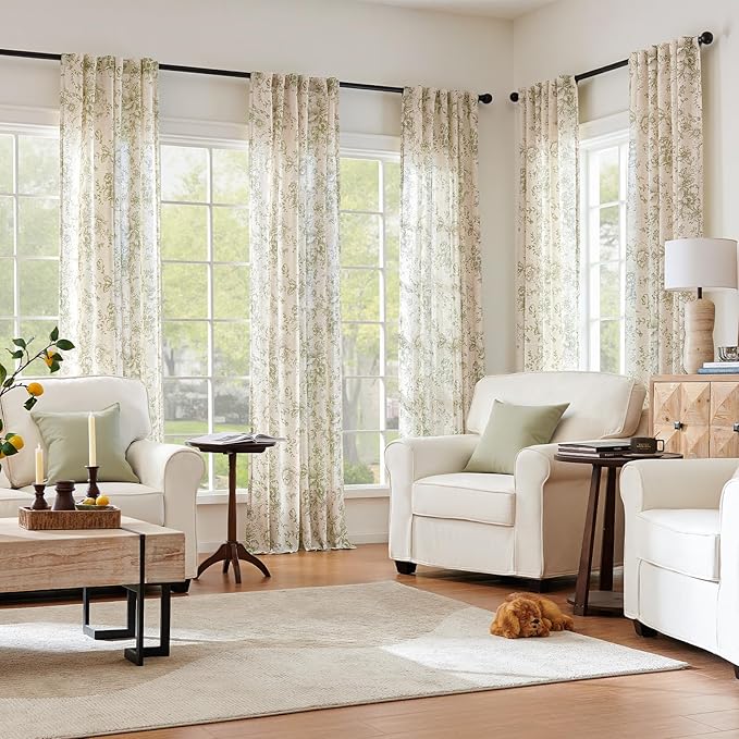 jinchan Linen Blend Floral Curtains for Living Room 96 Inch Length Farmhouse Printed Curtain Rod Pocket Back Tab Sage Green Peony Flower Patterned Drapes Bedroom Curtains Set 2 Panels