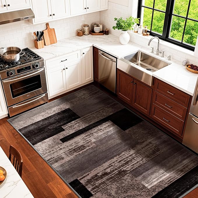 LIANLAM 3x5 Washable Area Rugs for Living Room and Bedroom, Vintage Checkered Pattern Non-Slip Carpet, Stain Resistant Low Pile Soft Rug for Dining Room,Office,Nursery,Kids Room(3x5,Chocolate)