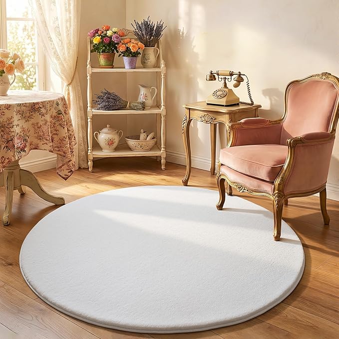 Amearea White Round Area Rugs 5ft Washable Circle Rugs for Bedroom Living Room, Fluffy Indoor Thickened Memory Foam Rug, Non Slip Minimalist Circular Carpet for Kids Boys Girls Dorm Nursery Room Decor