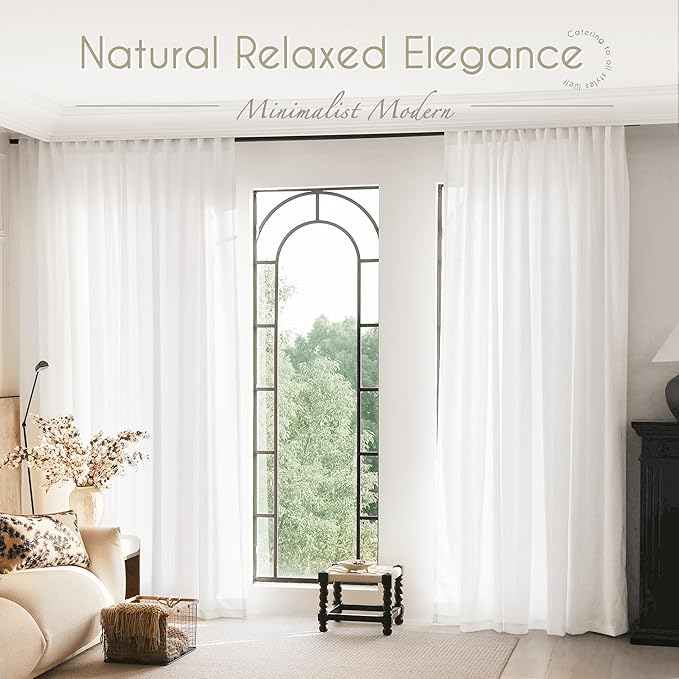 White Curtains 102 inches Long 2 Panels Back Tab Light Filtering Cotton Textured Curtain Modern Farmhouse Coastal Decor Off White Linen Drapes 102 inch Length for Patio Sliding Door Office 42x102