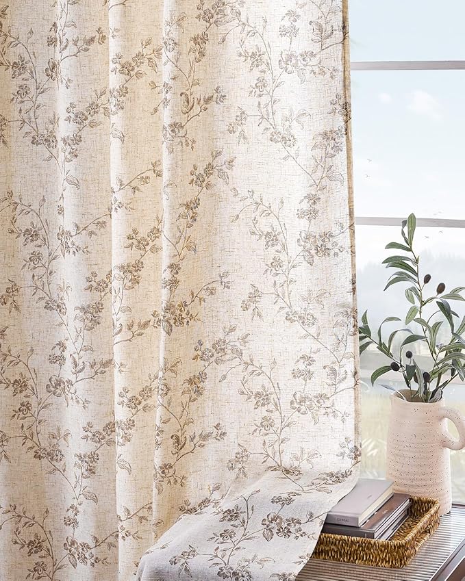 Lazzzy Floral Linen Curtains Farmhouse Extra Long Curtain for Living Room Bedroom Light Filtering Vintage Rod Pocket Back Tab Drapes for Home, 2 Panels, Taupe on Beige, W38 X L108