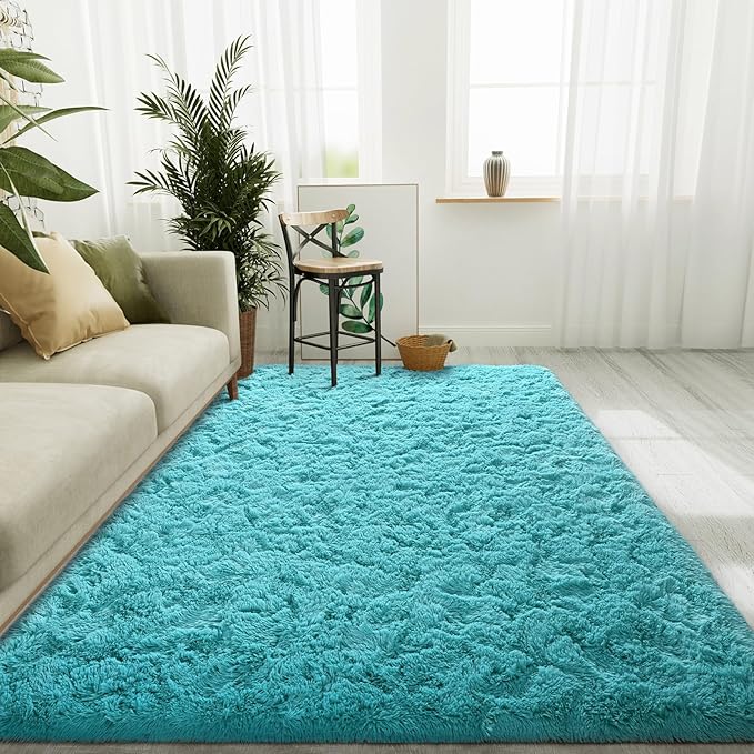 LOCHAS Ultra Soft Indoor Modern Area Rugs Fluffy Living Room Carpets for Children Bedroom Home Decor Nursery Rug 4x5.3 Feet,Teal Blue