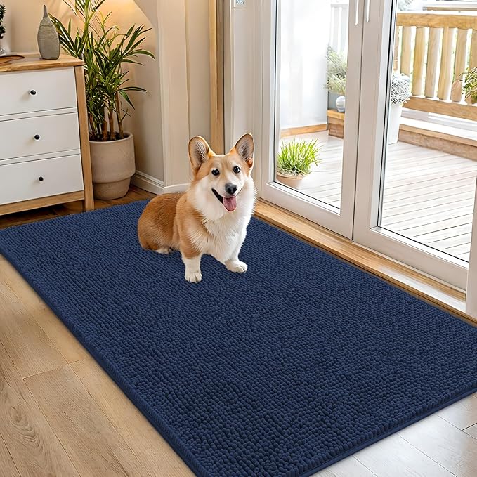 OLANLY Dog Door Mat for Muddy Paws 54x32, Absorbs Moisture and Dirt, Absorbent Non-Slip Washable Doormat, Quick Dry Chenille Mud Mat for Dogs, Entry Indoor Entryway Carpet for Inside Floor, Dark Blue