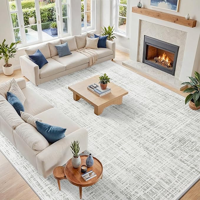 10x12 Area Rugs Washable Rug: Anti-Skid Abstract Modern Living Room Rug Soft Thin Carpets Indoor Floor Non-Shedding Carpet for Bedroom Dining Farmhouse Nursery Home Office (White Gray, 10'x12')