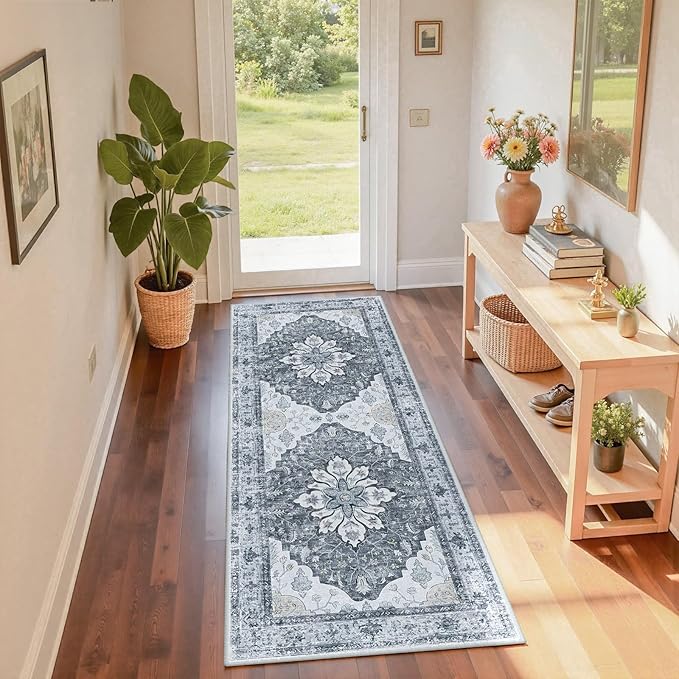 Area Rugs 2'x6' Runner Rug Non Slip Washable for Kitchen Hallway Bedroom Beside Laundry Room Bathroom Rug, Floor Carpet, Light Gray Grey White