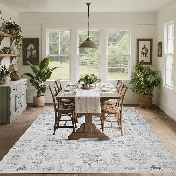 Washable Rugs 8x10 Area Rugs for Living Room,Bedroom,Dining Room- Large Ultra Soft Faux Wool Retro Carpet,Non Slip&Non-Shedding Low Pile Vintage Rug for Home Office Dorm Playroom-Tree Gray