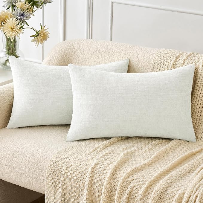 MIULEE Pack of 2 Couch Throw Pillow Covers 12x20 Inch Soft White Chenille Lumbar Pillow Covers for Sofa Living Room Solid Dyed Cases